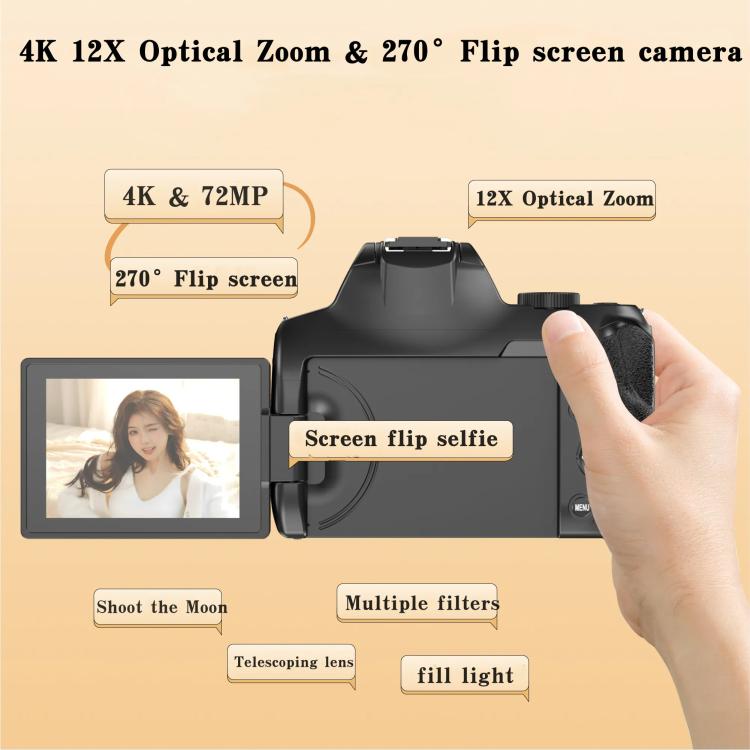 4K 72MP 12X Optical Zoom Student Digital Camera WiFi HD Video Camera With 3 Inch Flip Screen, W3 4K 72MP 12X Optical Zoom Student Digital Camera WiFi HD Video Camera With 3 Inch Flip Screen, W3